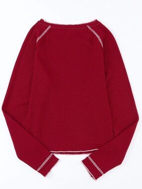 Off-the-Shoulder Waffle Knit Sweater in Burgundy